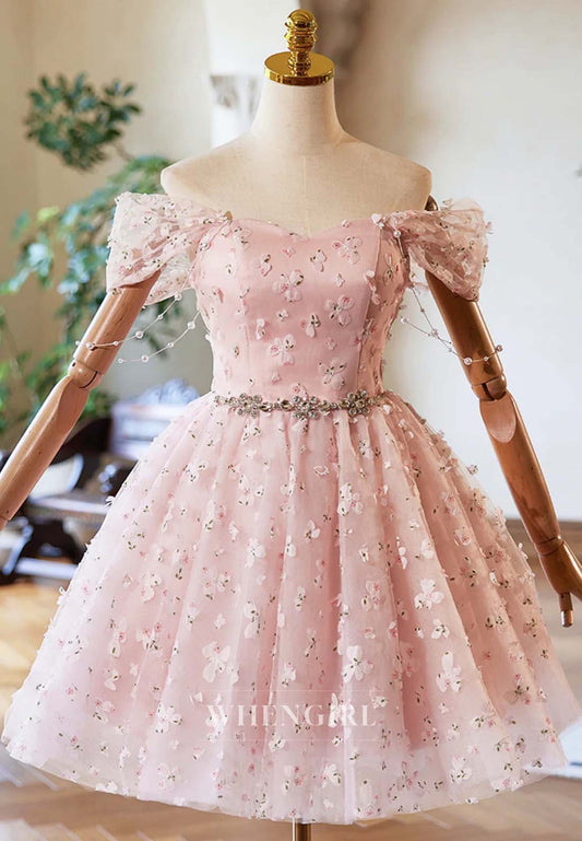 Blush Off Shoulder Sleeveless Rhinestons Beading Floral Pears A-Line Short Homecoming Dress