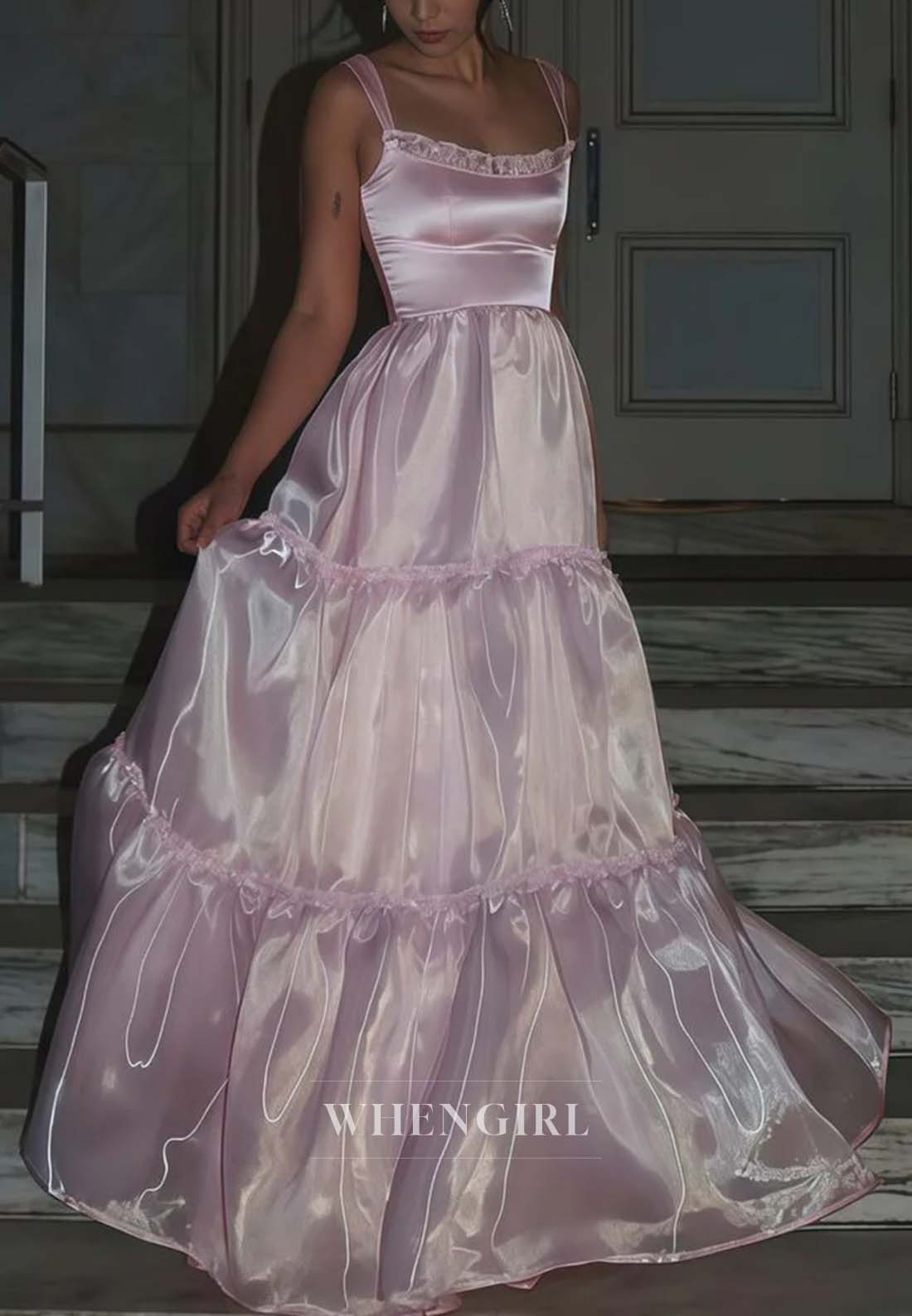 Square Neck Sleeveless Formal Gown A-Line Back Zipper Evening Dress with Sweep Train