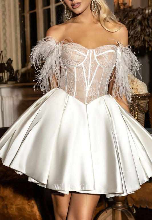 A-Line Off Shoulder Feather Sleeveless Lace Up Short Homecoming Dress