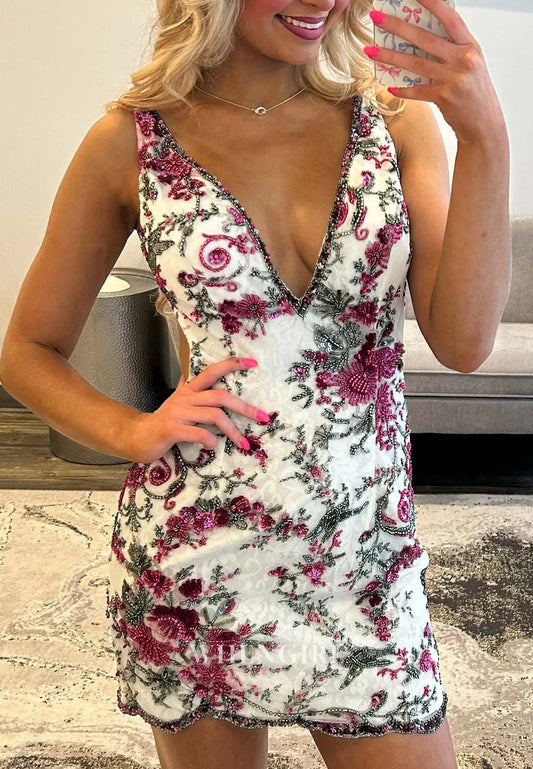 Sleeveless Sheath Beaded V Neck Backless Short Floral Homecoming Dress