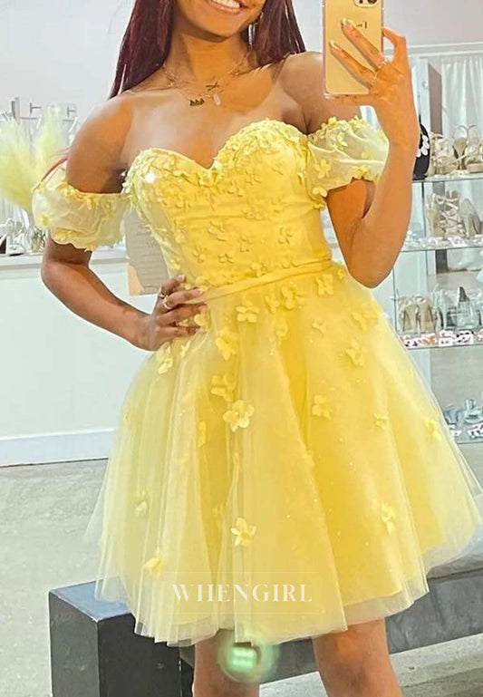 Daffodil Sweetheart Off Shoulder Flowers A-Line Tulle Short Homecoming Dress