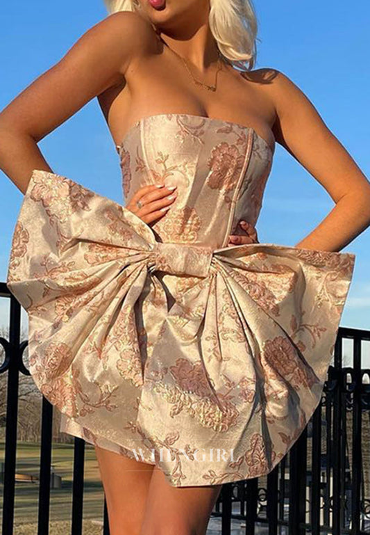 Sheath Tube Top Sleeveless Floral Bowknot Short Homecoming Dress