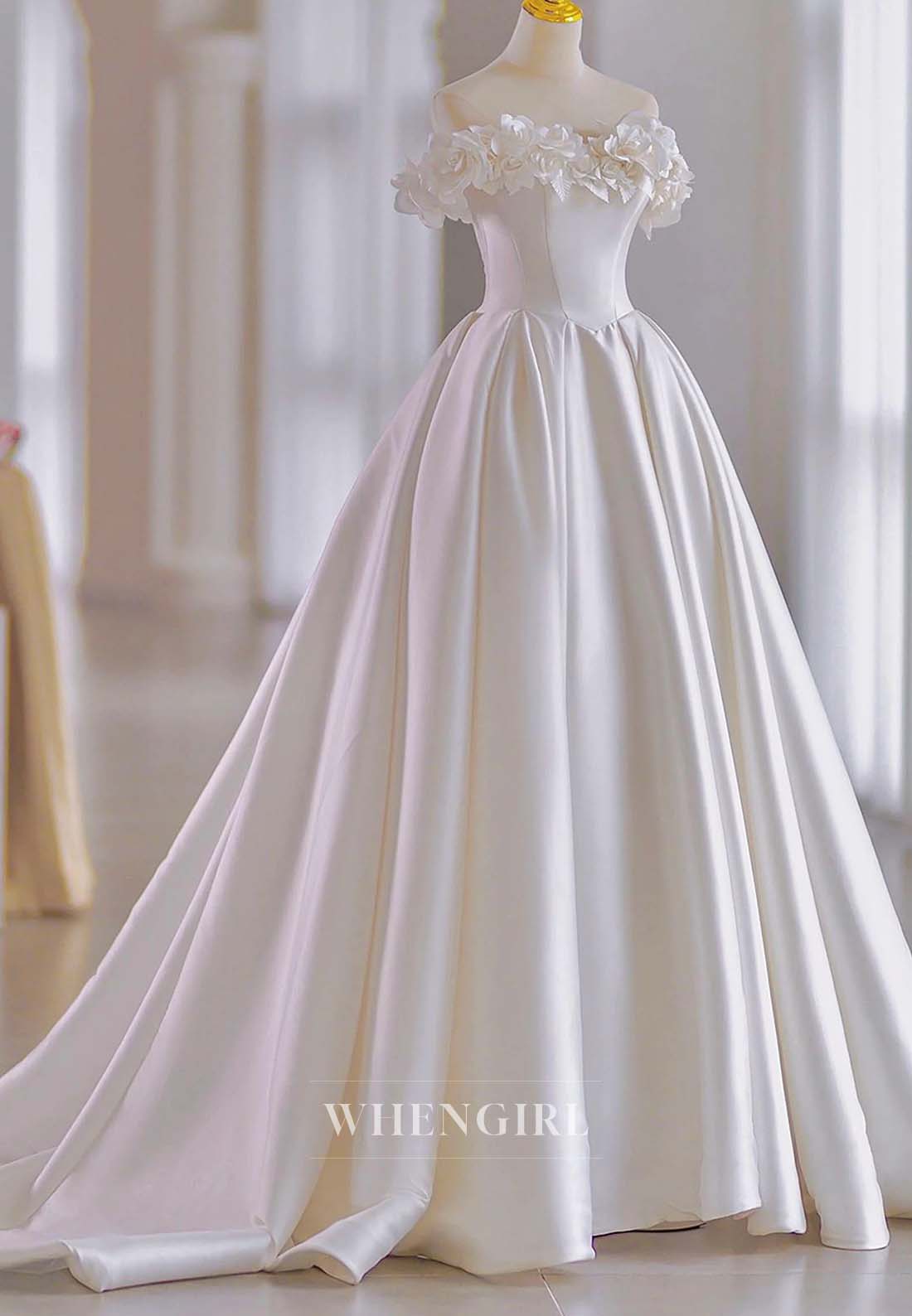 3D Flowers Off Shoulder Sleeveless Lace Up Bowknot A-Line Satin Court Train Wedding Dress