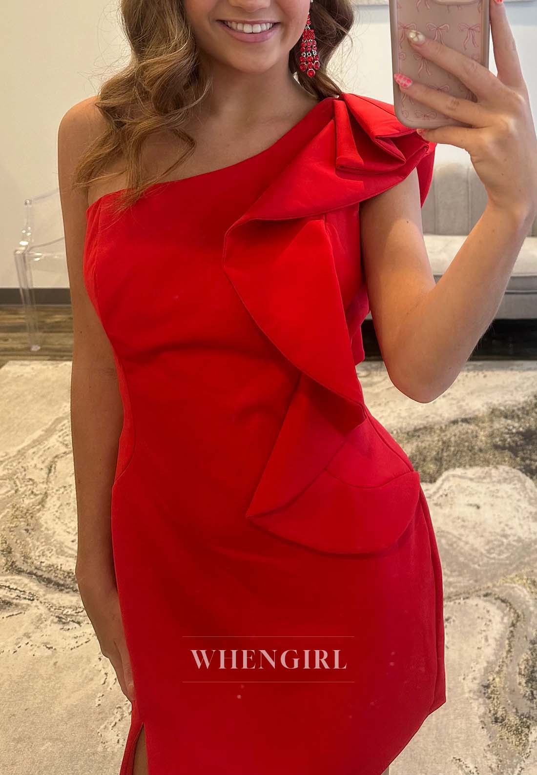 Red One Shoulder Side Slit Sheath Short Sleeveless Homecoming Dress