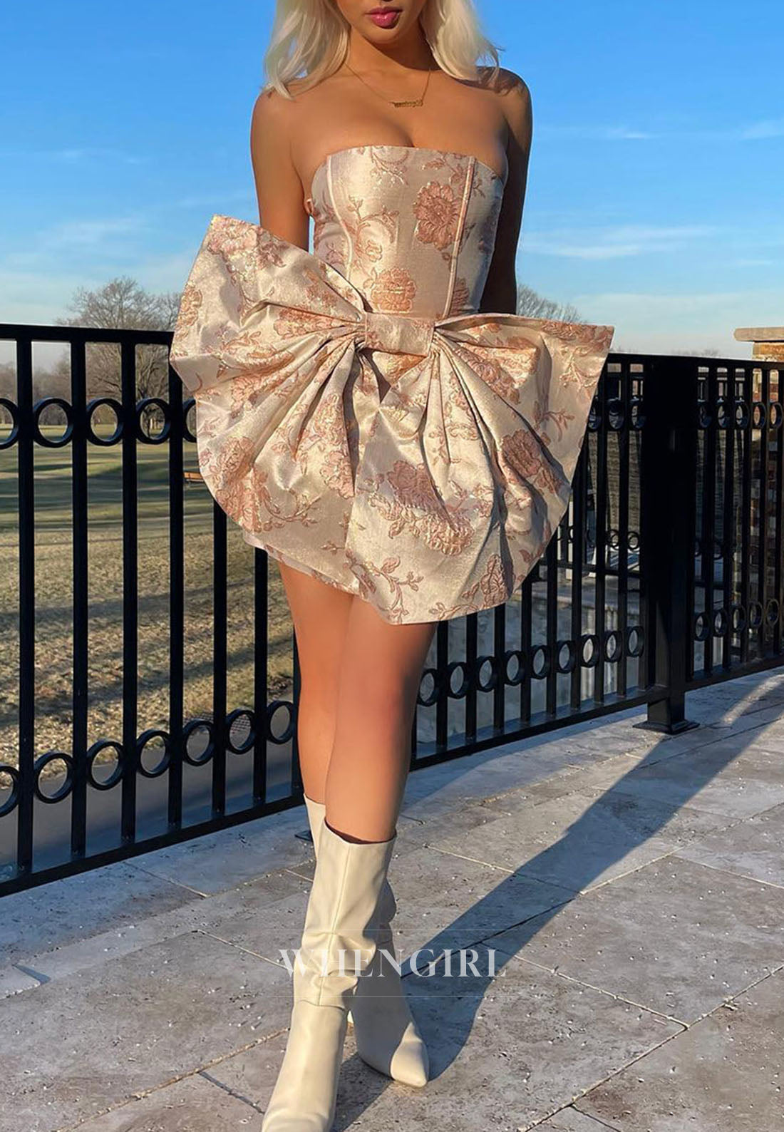 Sheath Tube Top Sleeveless Floral Bowknot Short Homecoming Dress
