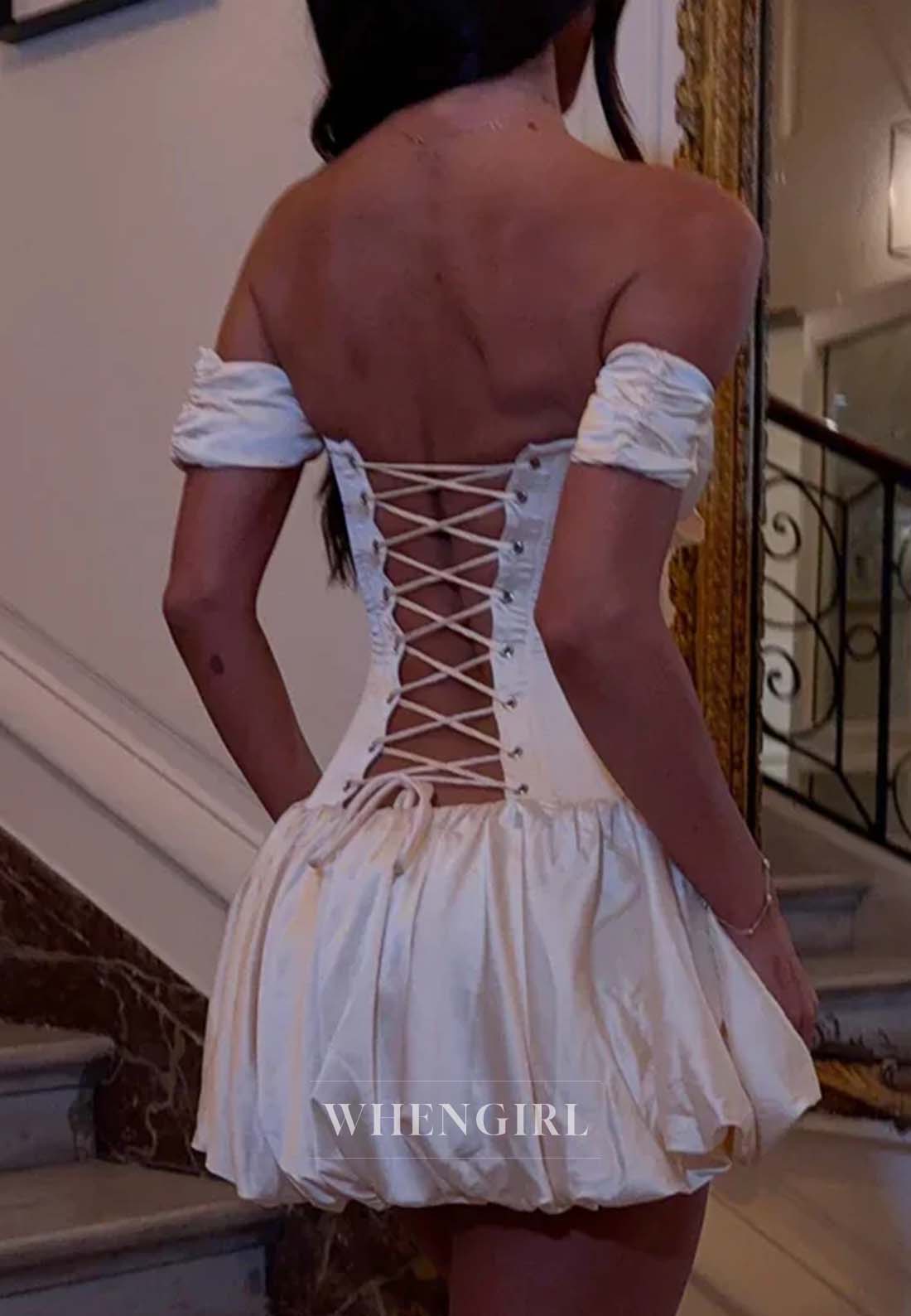 Beige Sleeveless Off Shoulder Sweetheart Bowknot A-Line Short Lace Up Homecoming Dress