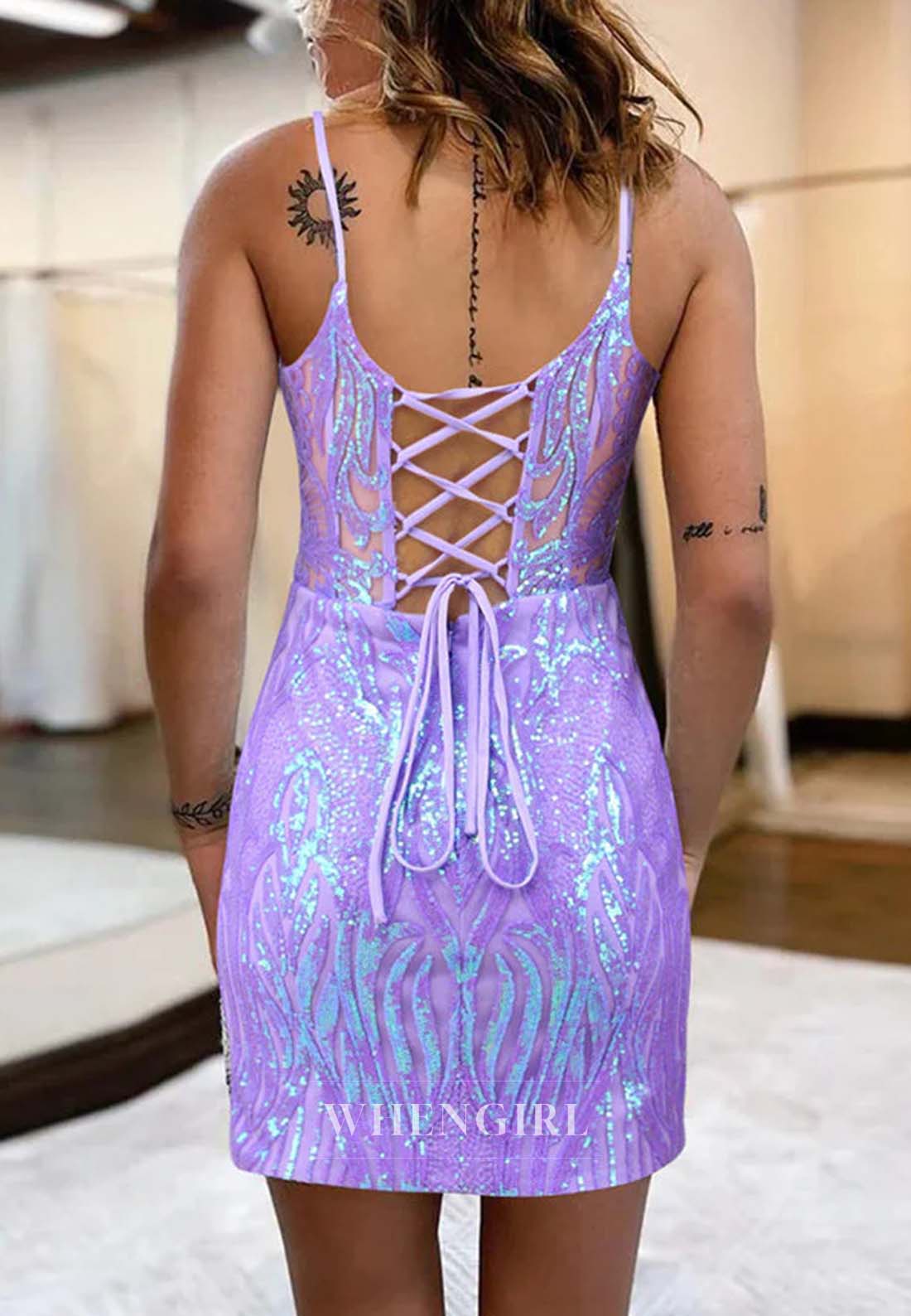 V Neck Spaghetti Straps Lace Up Sheath Beaded Short Homecoming Dress