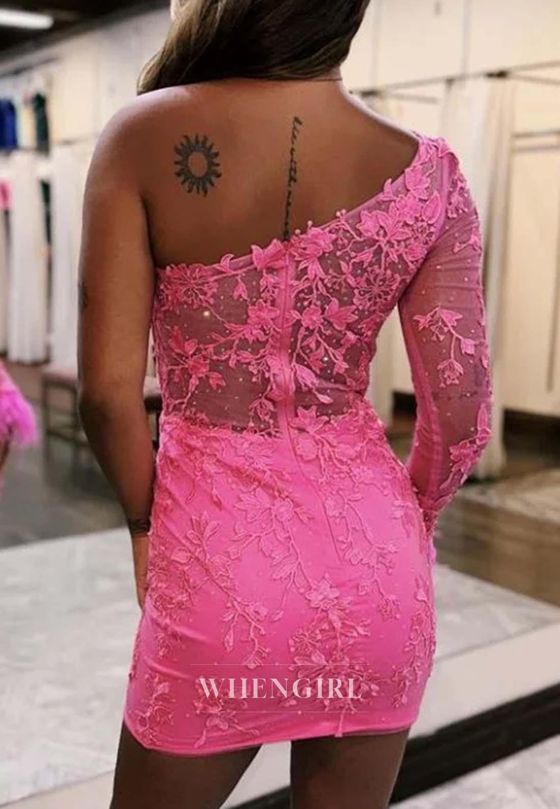 Watermelon One Shoulder Appliqued Lace Feather Single Sleeves Back Zipper Homecoming Dress