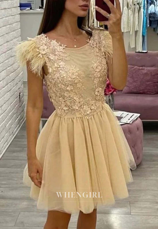 Yellow Scoop Neck Sleeveless Feather Appliqued A-Line Tulle Short Homecoming Dress