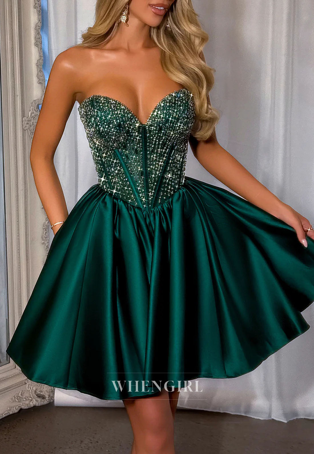 A-Line Sweetheart Sleeveless Beaded Strapless Satin Short Homecoming Dress