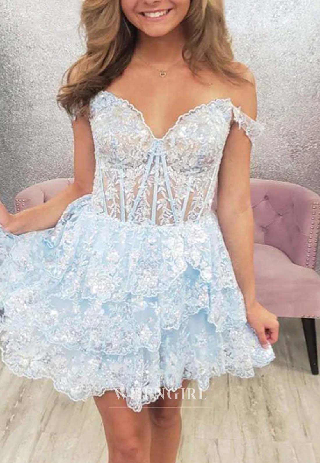 A-Line Off Shoulder Multi Tiered Back Zipper Sweetheart Homecoming Dress