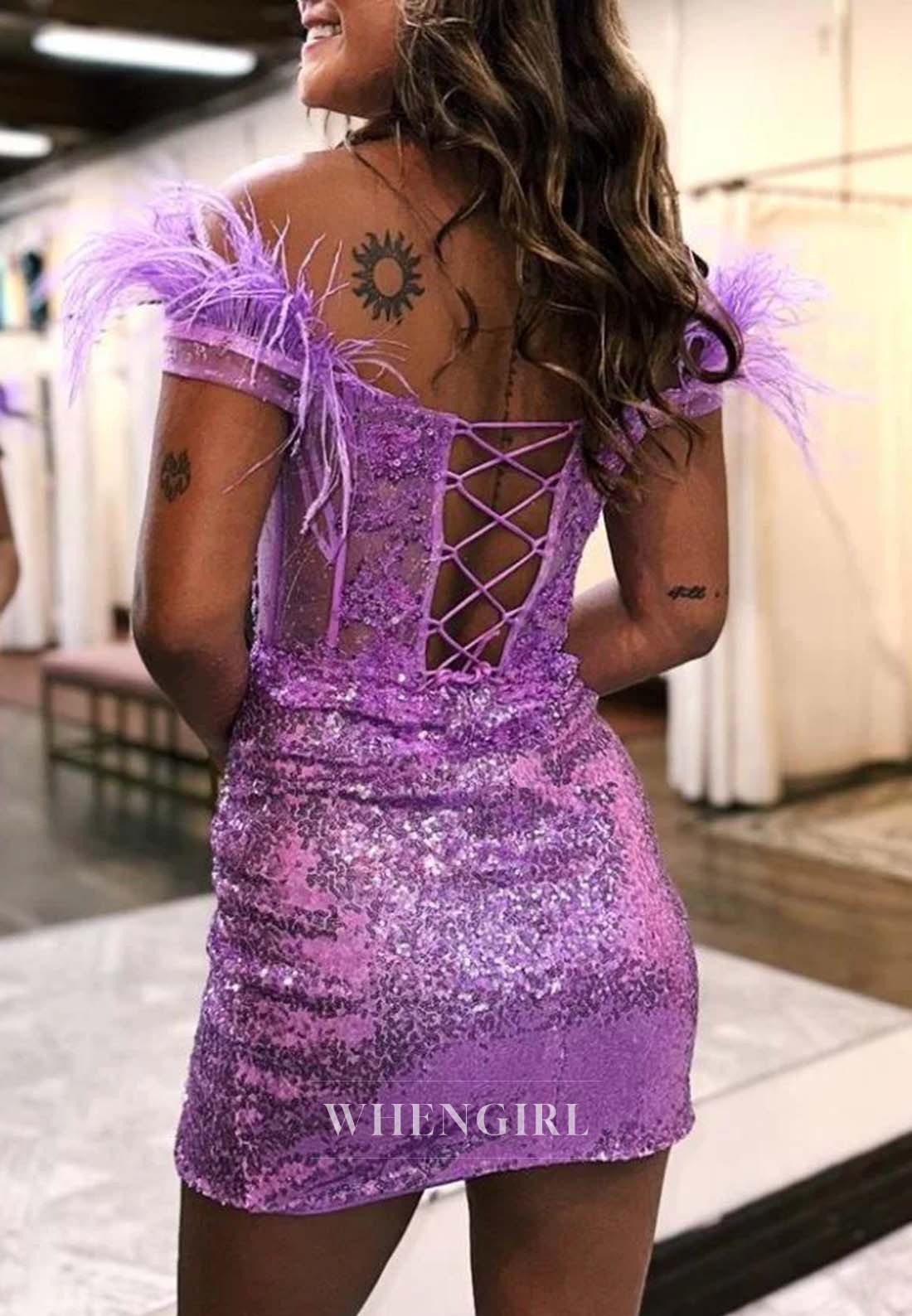 Off Shoulder Appliques Sequins Side Slit Pleated V Neck Lace Up Short Homecoming Dress