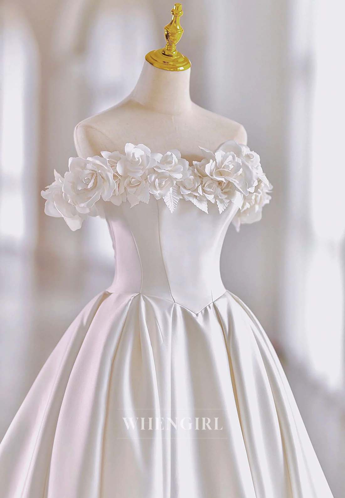 3D Flowers Off Shoulder Sleeveless Lace Up Bowknot A-Line Satin Court Train Wedding Dress