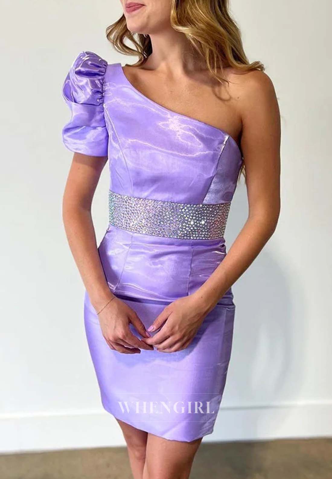 Sheath One Shoulder Puff Sleeve Beaded Short Homecoming Dress