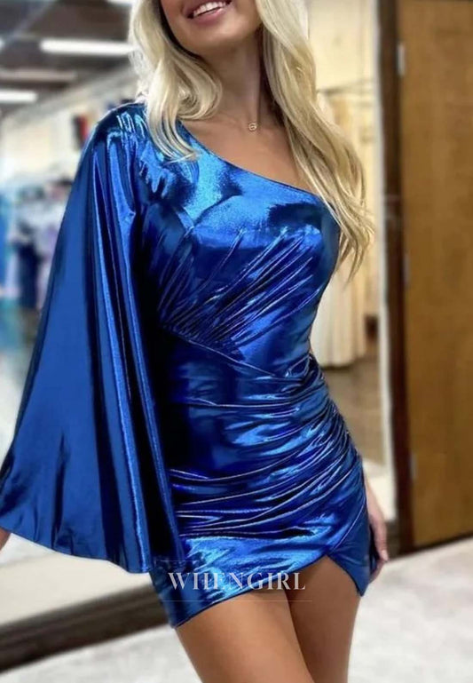 One Shoulder Single Sleeve Pleated Back Zipper Short Sheath Homecoming Dress