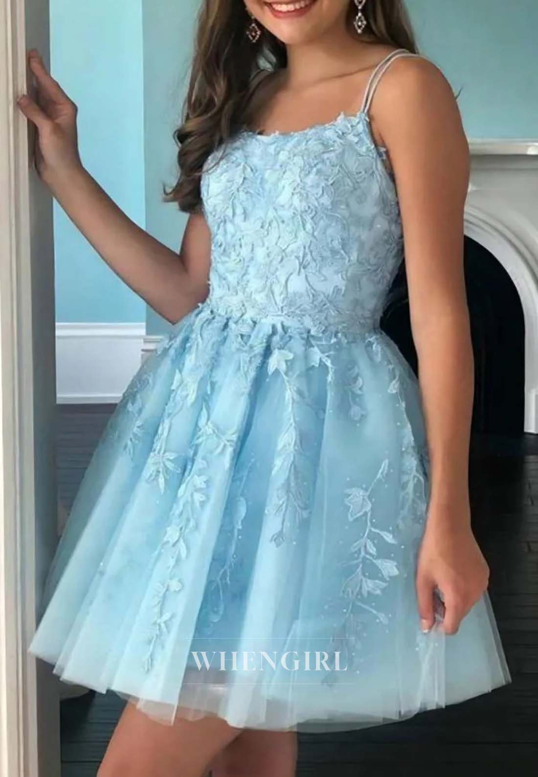 Sky Blue Spaghetti Straps Appliqued Lace Lace Up Sleeveless Short A-Line Homecoming Dress
