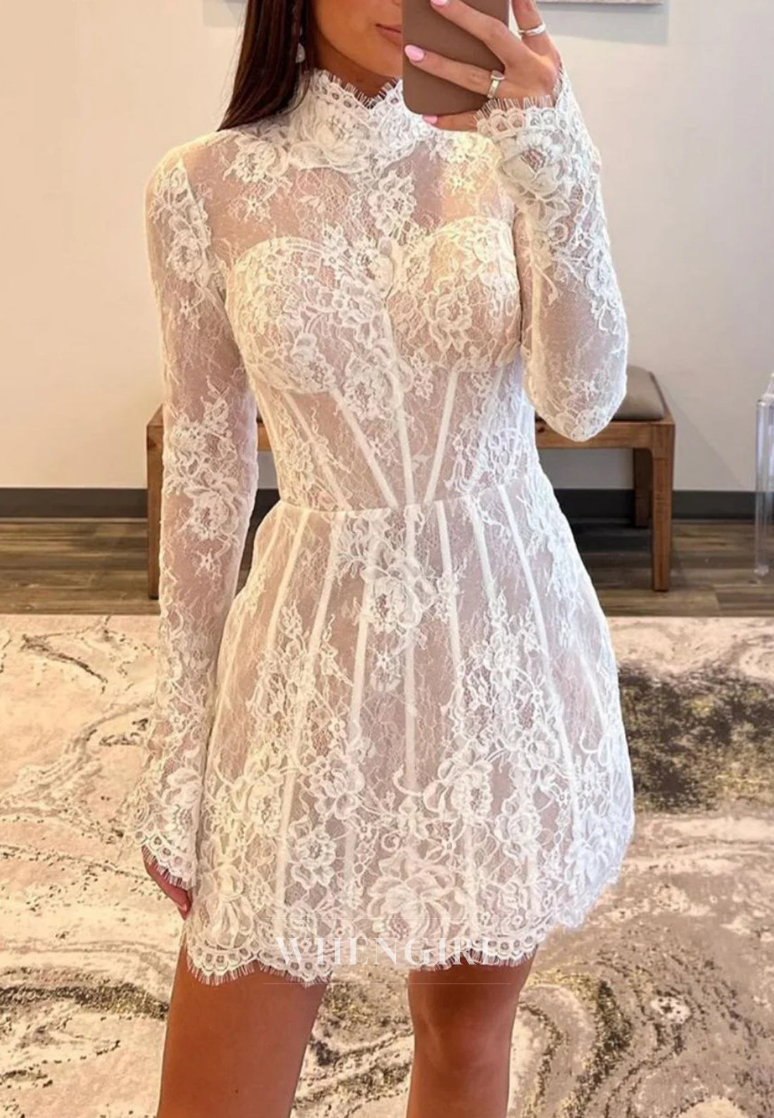Ivory High Neck Long Sleeves Appliqued Lace Sheath Back Zipper Short Homecoming Dress