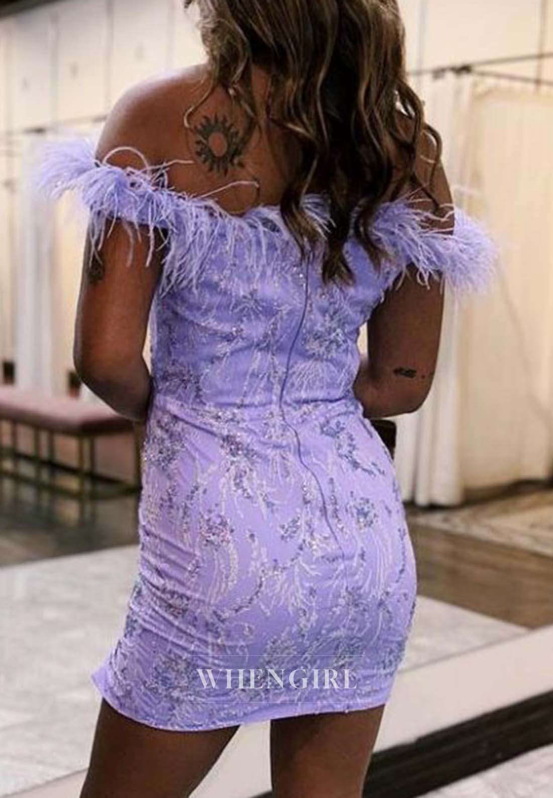 Lilac Sheath Sleeveless Off Shoulder Short Beaded Homecoming Dress