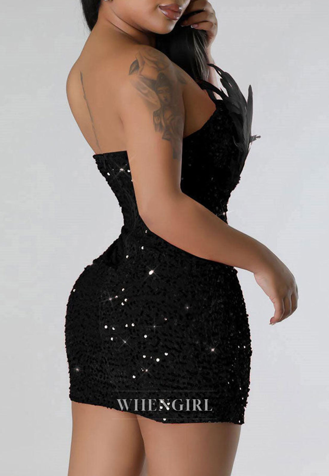 Black Sheath Sequins Feather Sleeveless Back Zipper Short Homecoming Dress