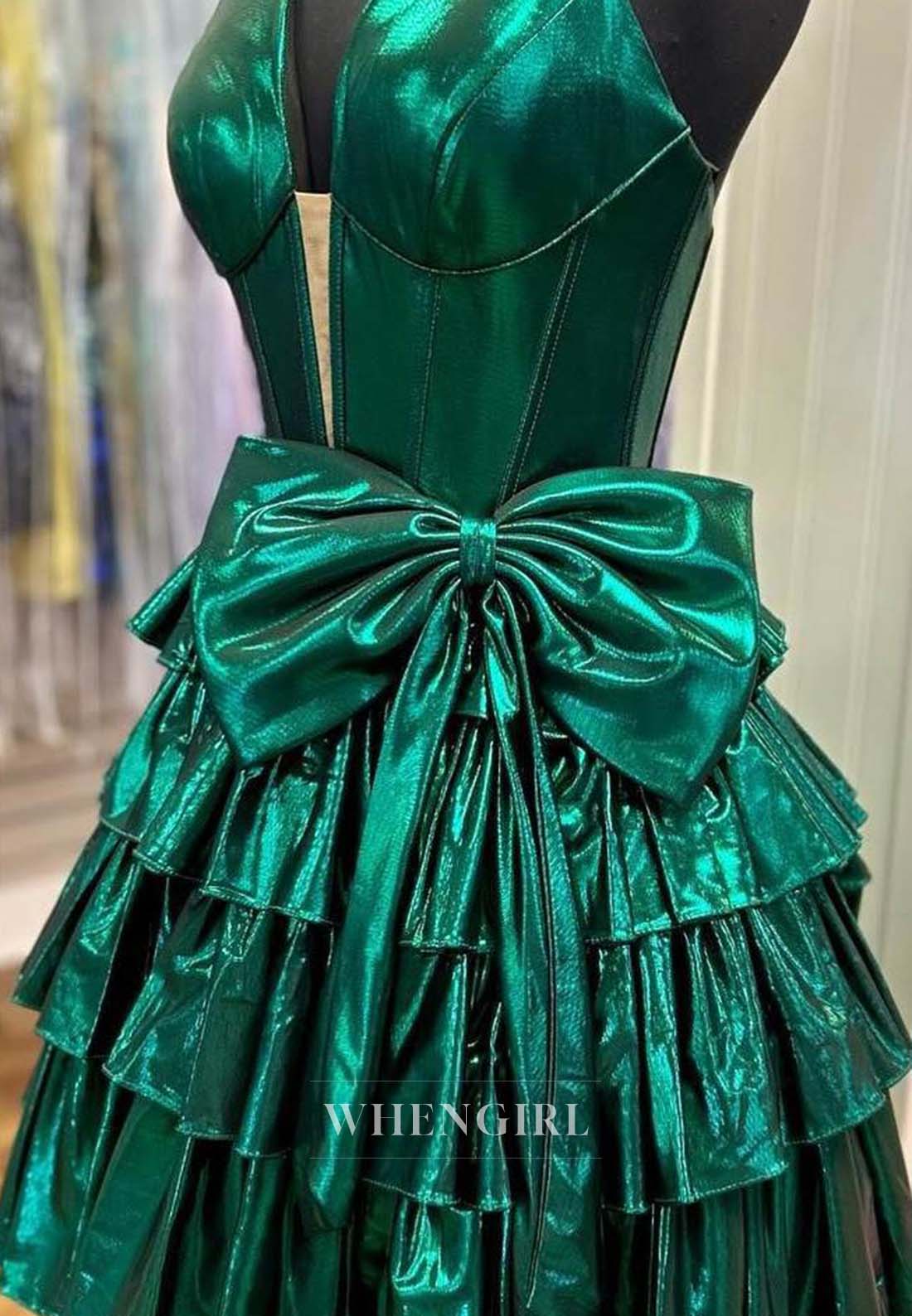 A-Line Sleeveless Halter V Neck Multi Tiered Bowknot Ruffles Short Homecoming Dress