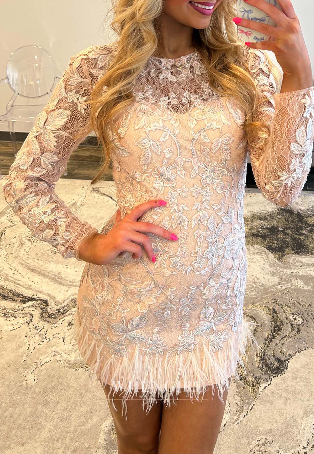 Blush Lace Long Sleeves Beteau Neck Feather Back Zipper Sheath Short Homecoming Dress