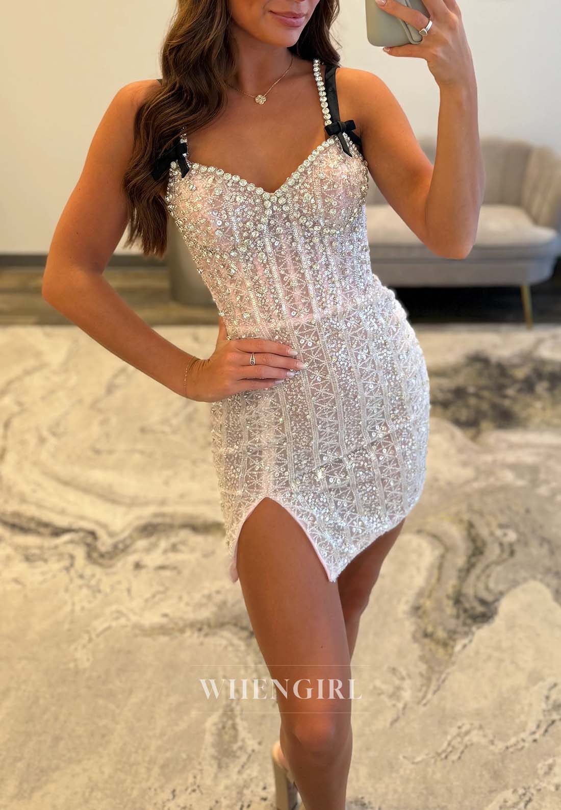 V Neck Beaded Side Slit Lace Up Sheath Sleeveless Short Homecoming Dress