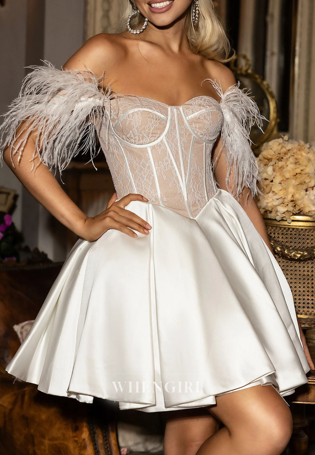 A-Line Off Shoulder Feather Sleeveless Lace Up Short Homecoming Dress