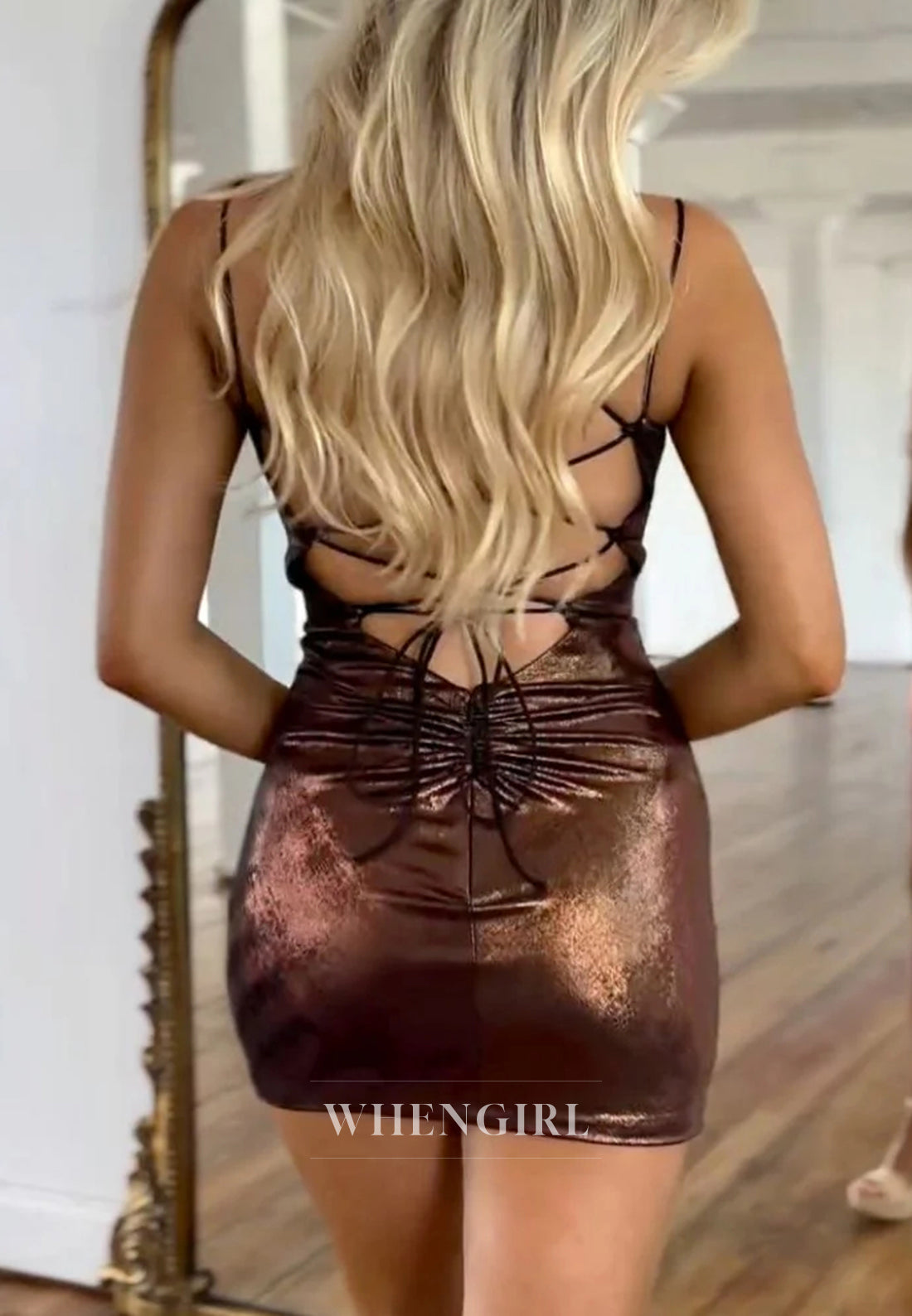Chocolate V Neck Sleeveless Spaghetti Straps Pleated Lace Up Sheath Short Homecoming Dress