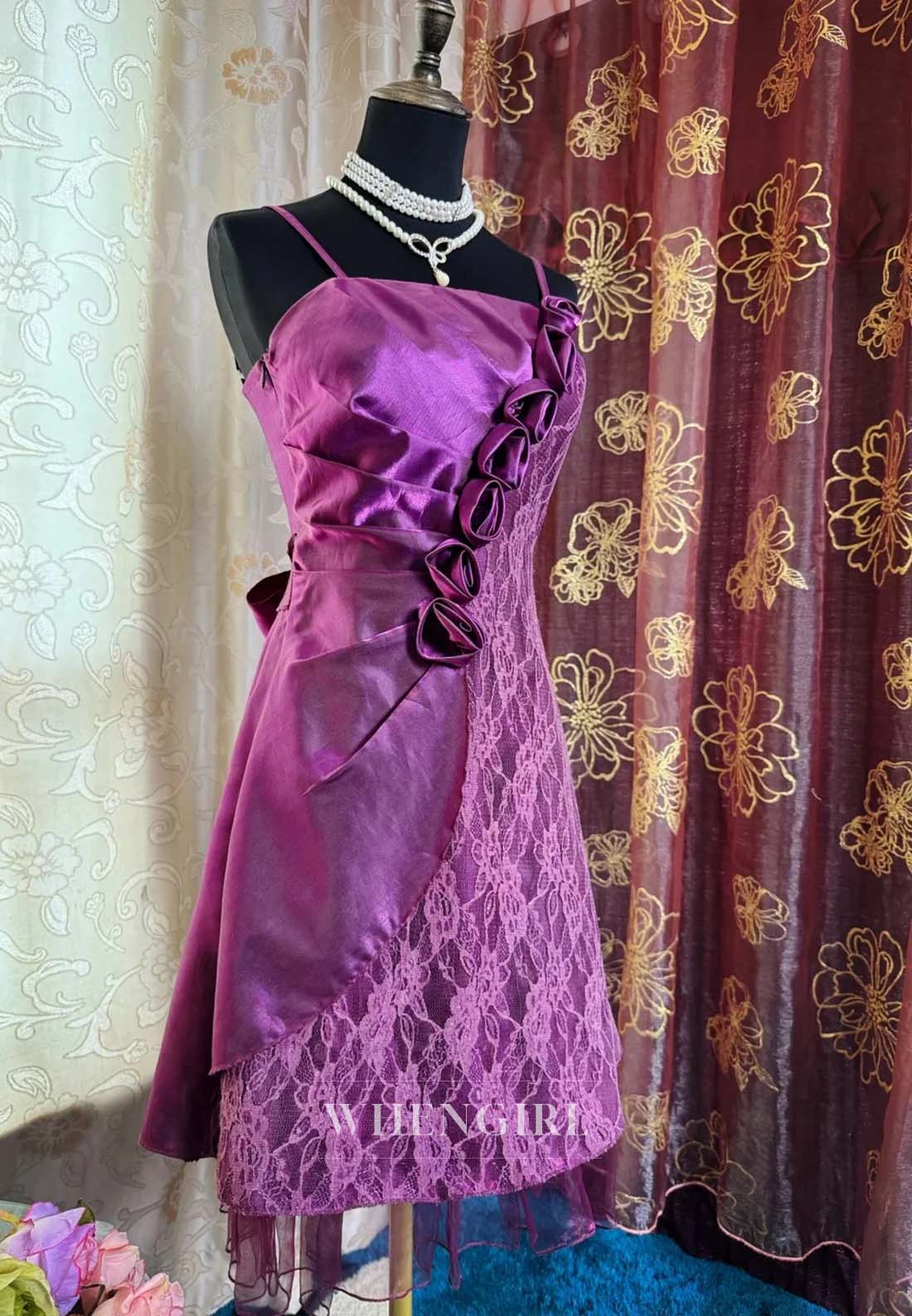 Grape 3D Flowers Sleeveless Pleated Appliqued Lace Sheath Short Homecoming Dress