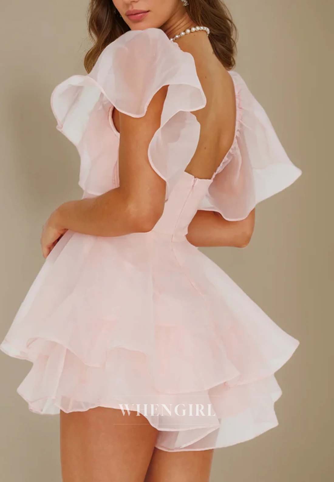 Light Pink Short Sleeves Sweetheart Ruffles A-Line Short Homecoming Dress