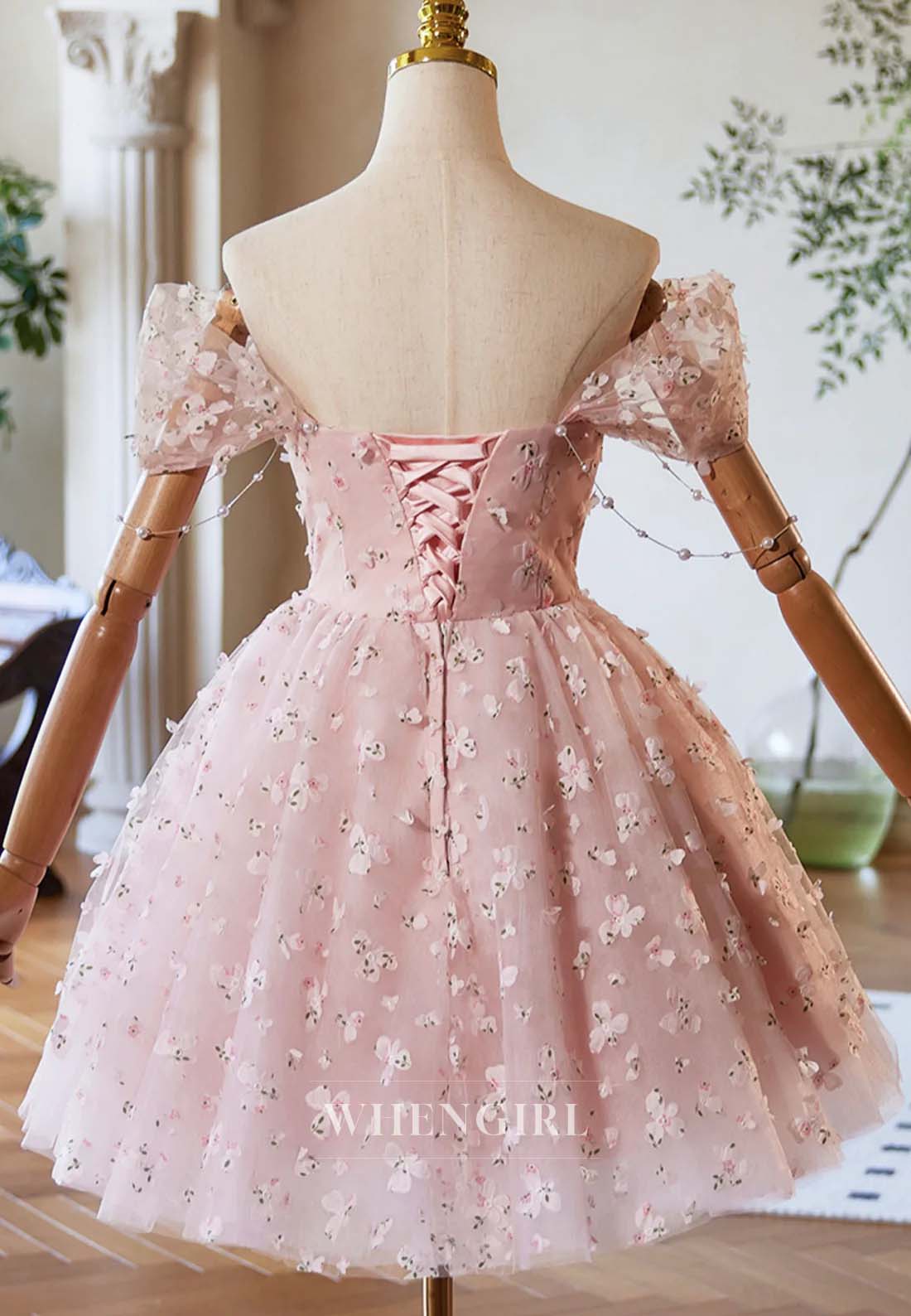 Blush Off Shoulder Sleeveless Rhinestons Beading Floral Pears A-Line Short Homecoming Dress
