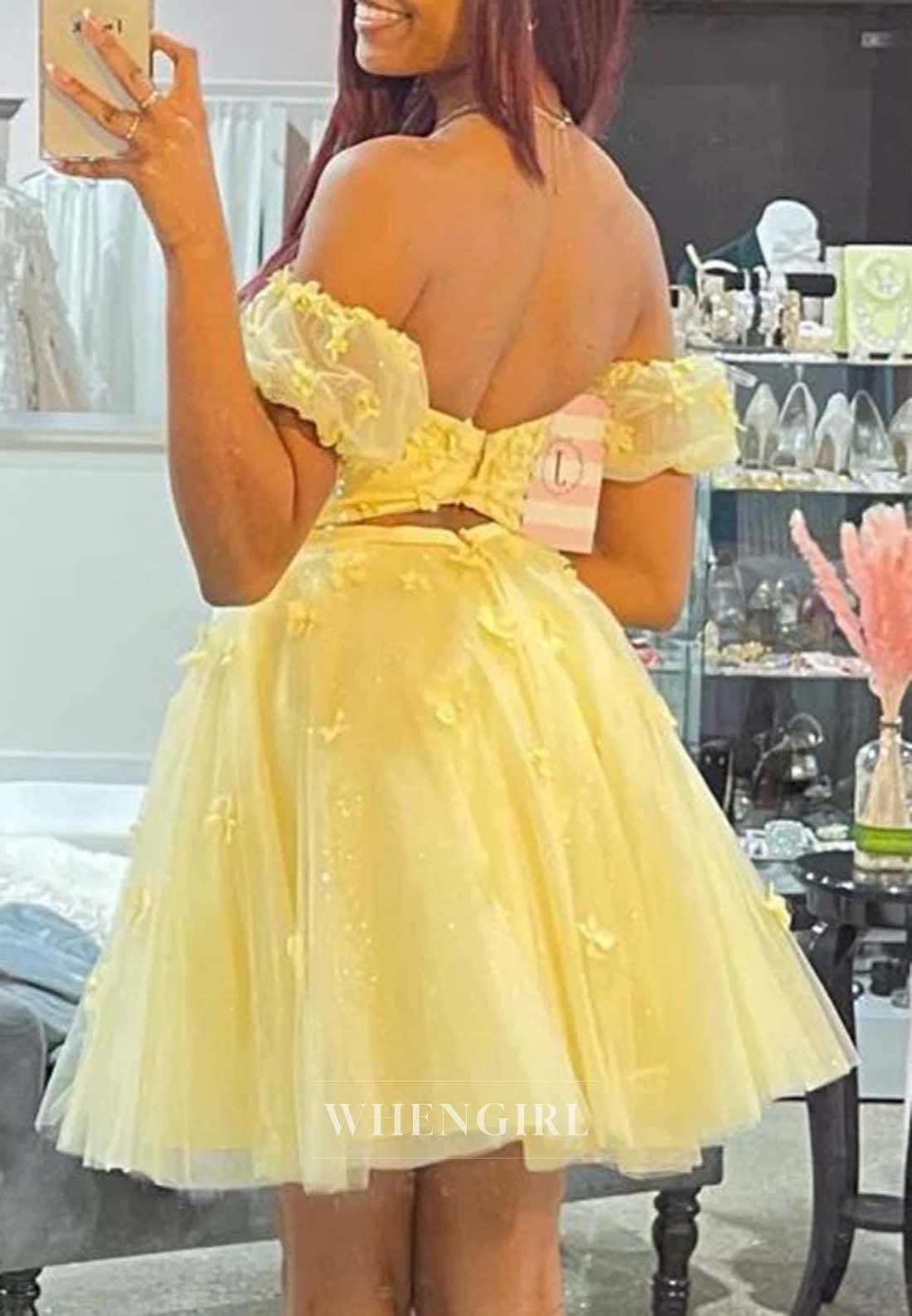 Daffodil Sweetheart Off Shoulder Flowers A-Line Tulle Short Homecoming Dress