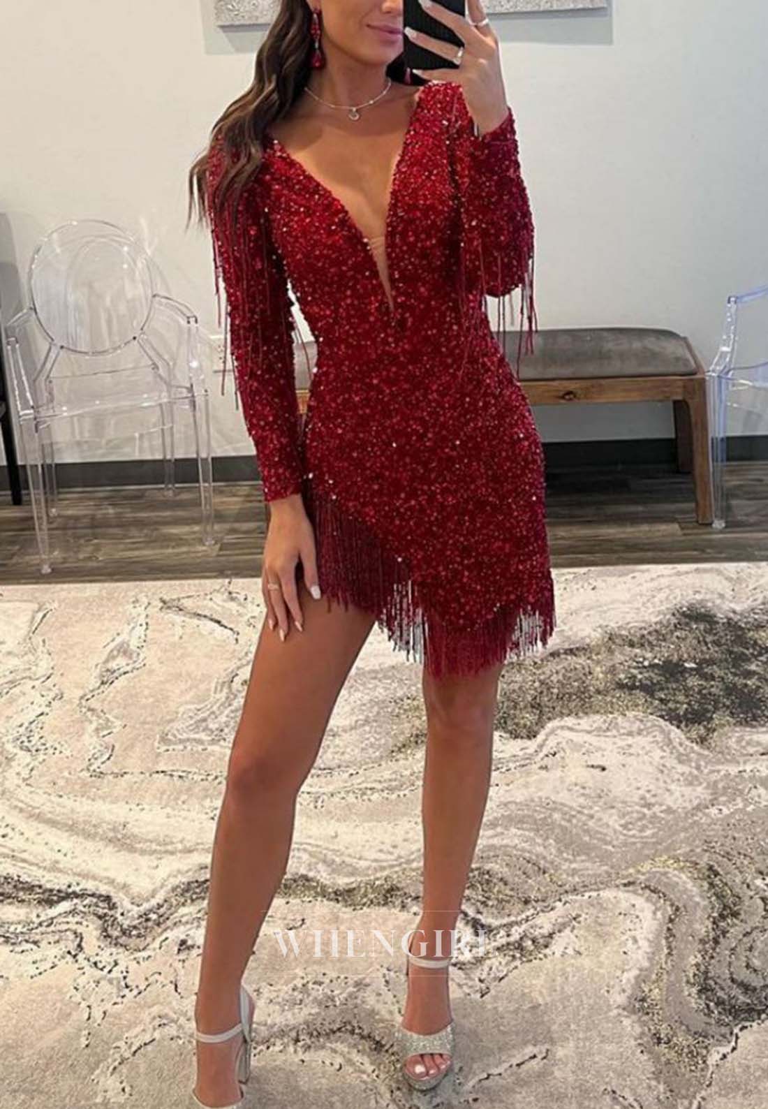Burgundy V Neck Beads Long Sleeves Tassel Asymmtrical Hem Short Homecoming Dress