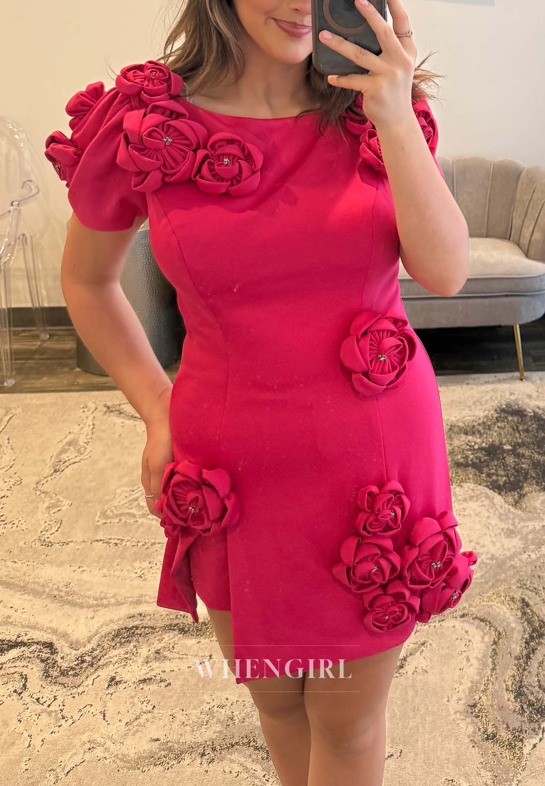Red Bateau Neck Short Sleeveless 3D Flowers Back Zipper Short Sheath Homecoming Dress