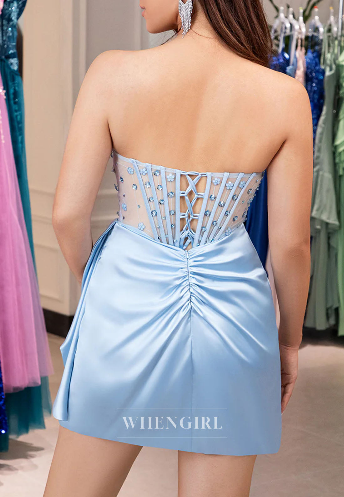 Sky Blue Sweetheart Beaded Sheath Pleated Lace Up Short Homecoming Dress