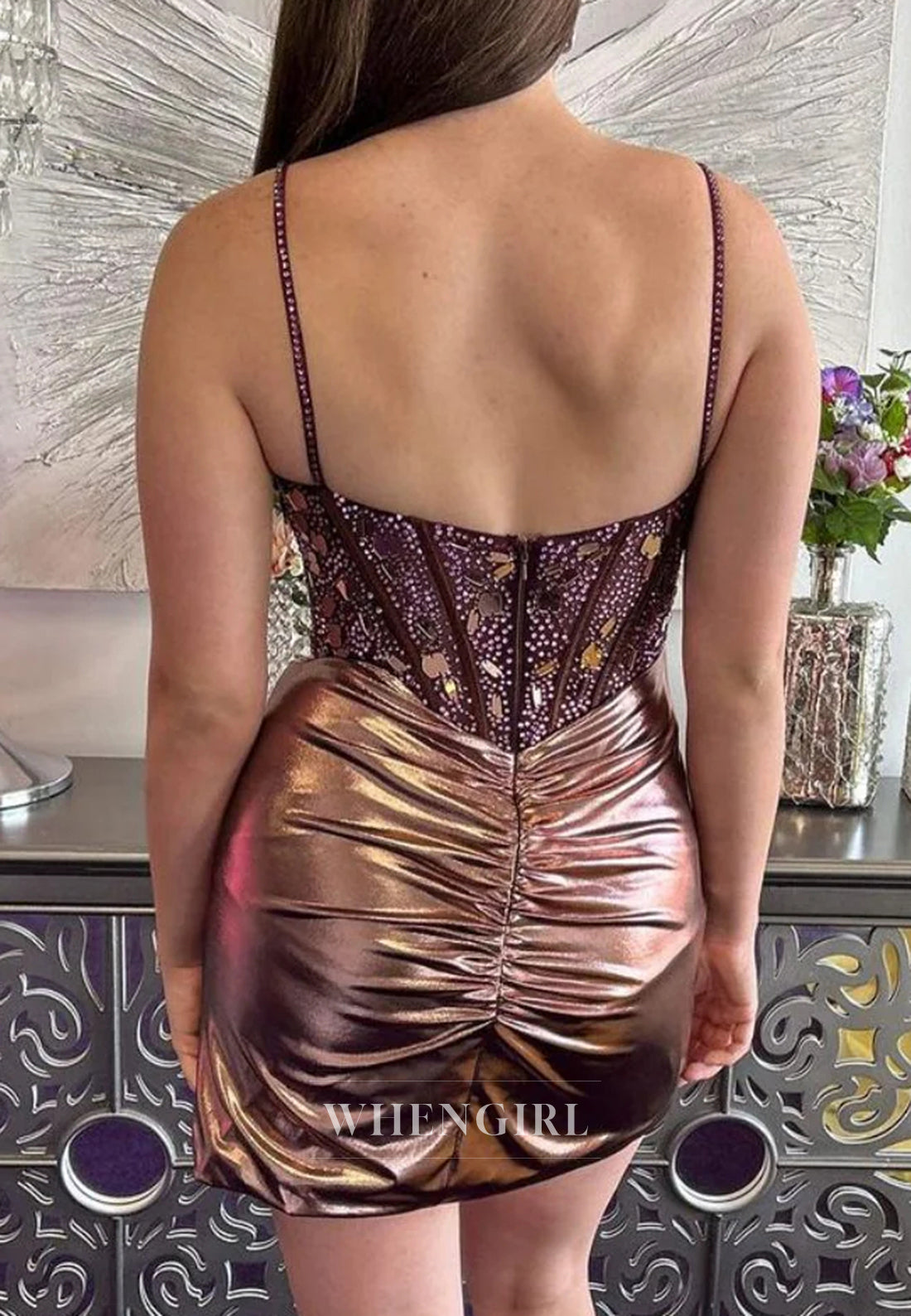 Taupe Spaghetti Straps Sleeveles Side Slit Cut Glass Mirro Sheath Short Homecoming Dress