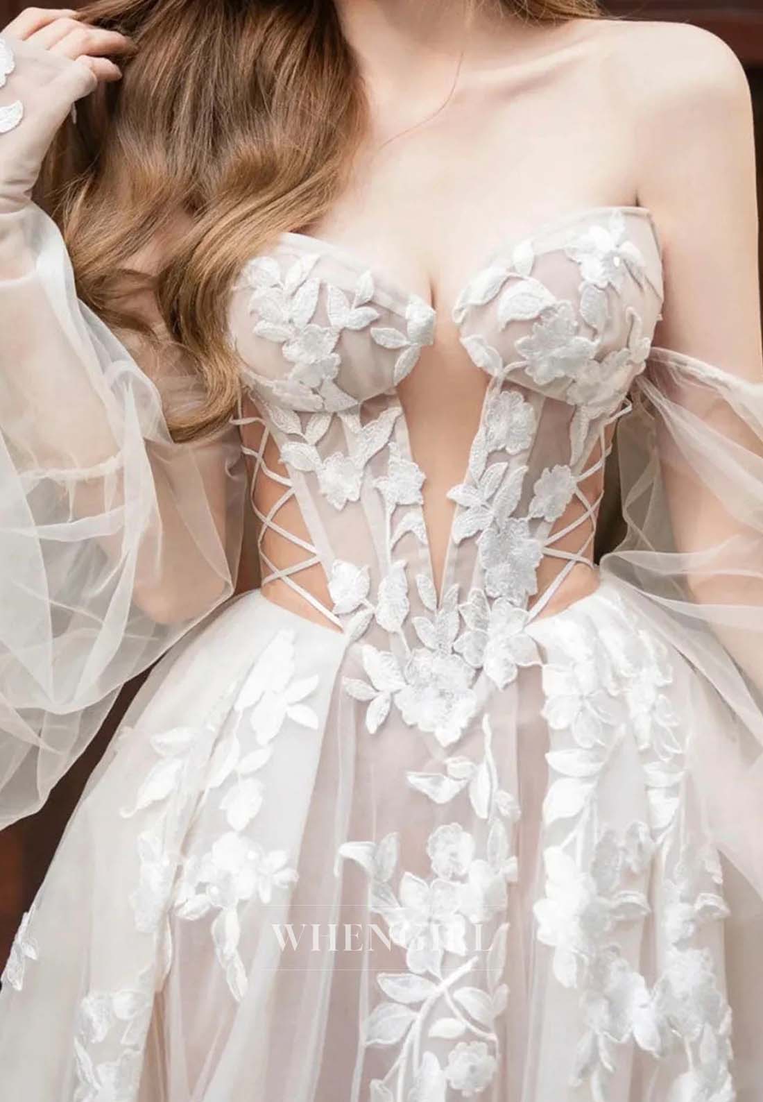Sweetheart Off Shoulder Appliqued Lace Long Sleeves Tulle A-Line Wedding Dress with Weep Train