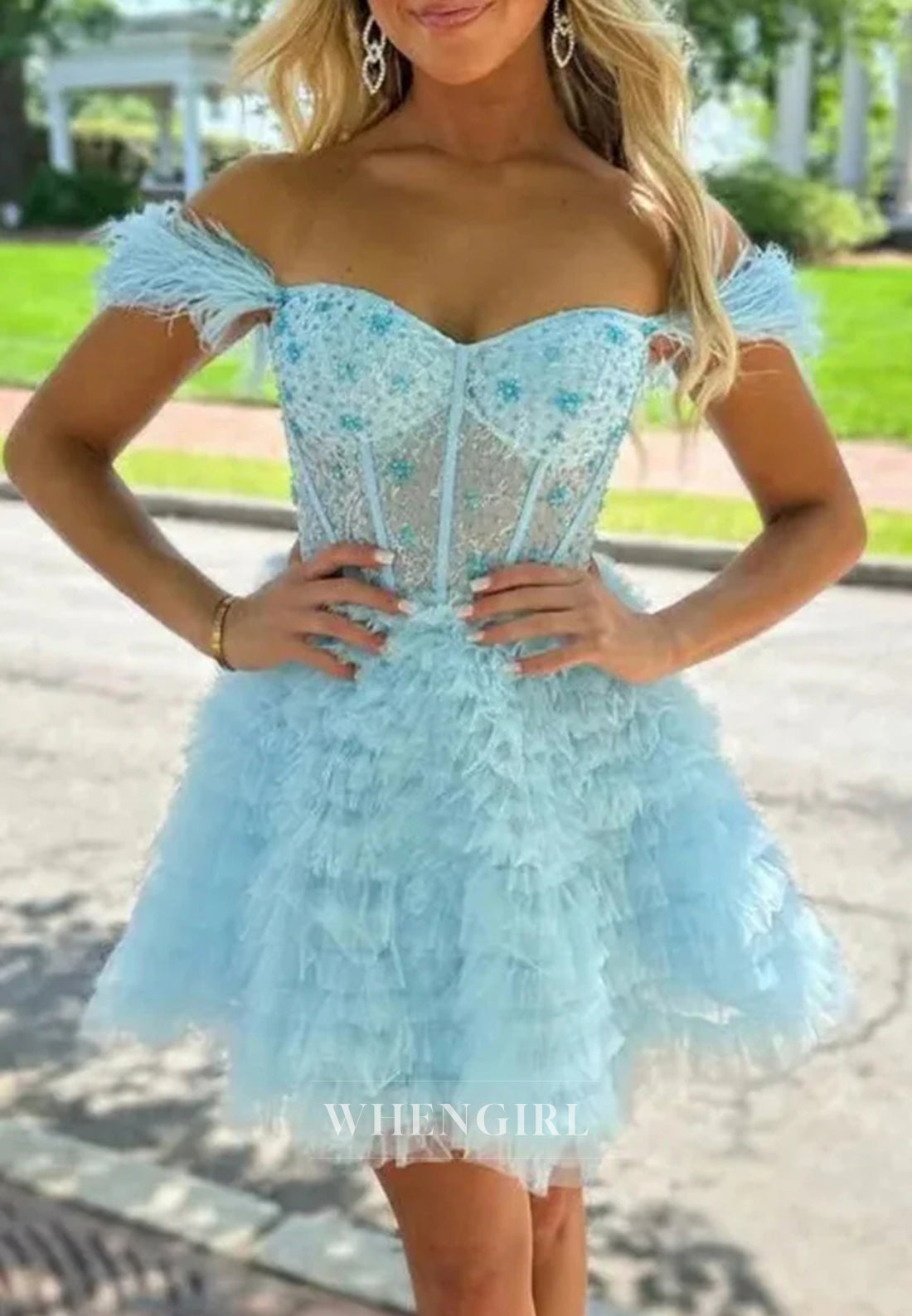 Blue Off Shoulder Feather Beaded A-Line Multi Tiered Sleeveless Sweetheart Short Homecoming Dress