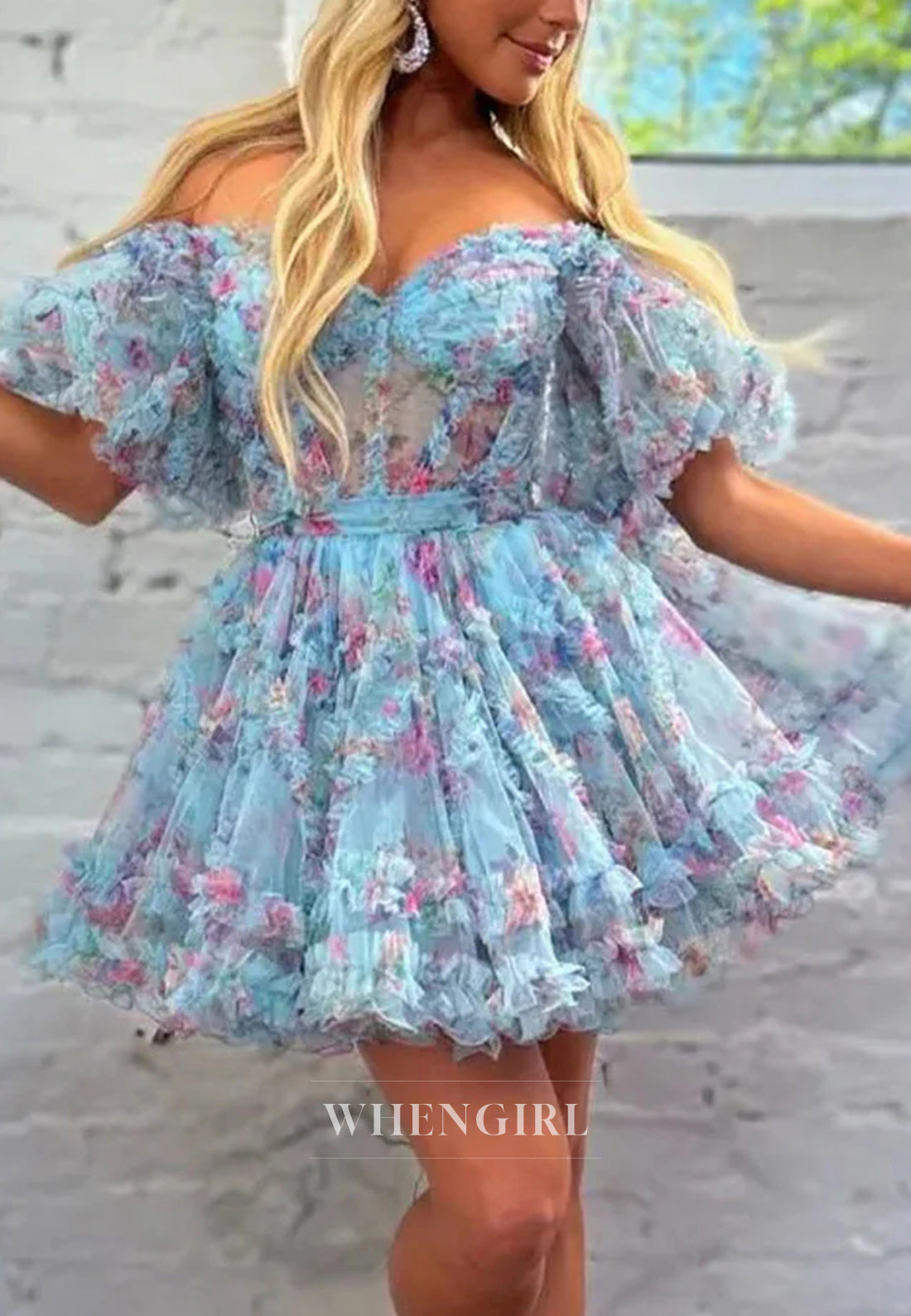 A-Line Floral Short Puff Sleeves Sweetheart Back Zipper Bowknot Short Homecoming Dress