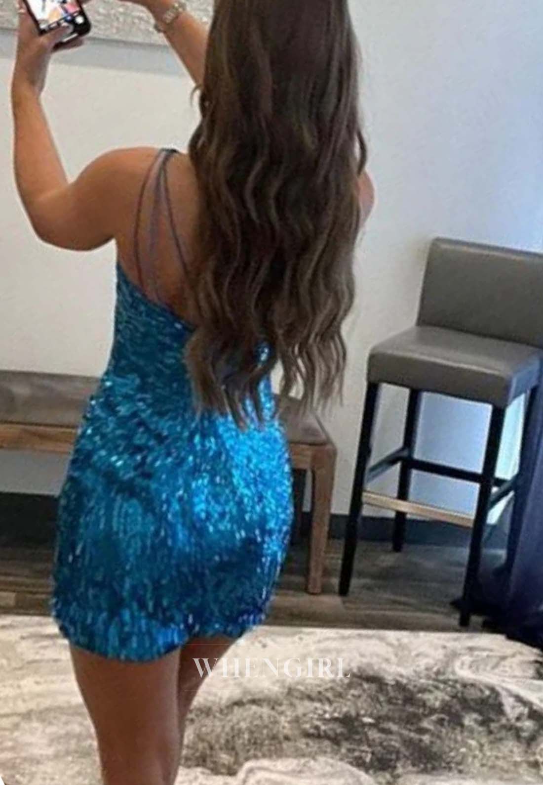 Ocean Blue One Shoulder Back Zipper Short Sheath Sleeveless Homecoming Dress
