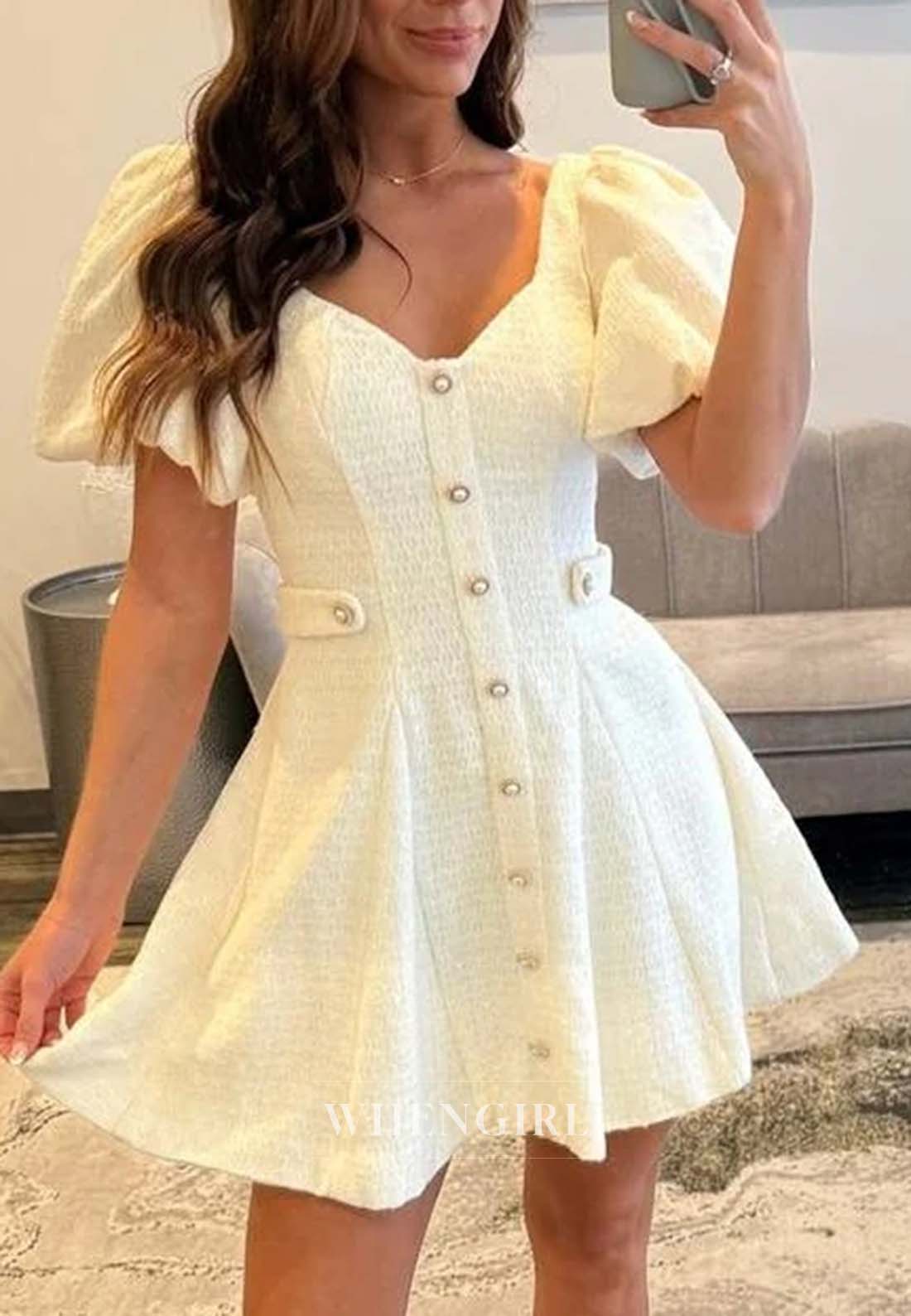 A-Line V Neck Short Puff Sleeves Buttons Short Homecoming Dress