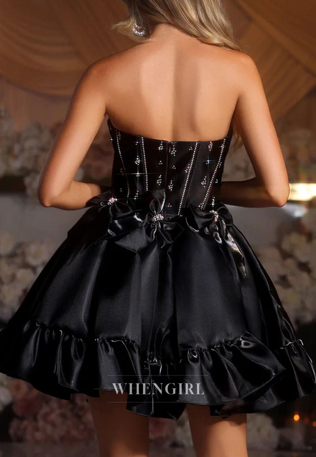 A-Line Strapless Bowknot Ruffles Back Zipper Beaded Heart-Shaped Hollow Short Homecoming Dress