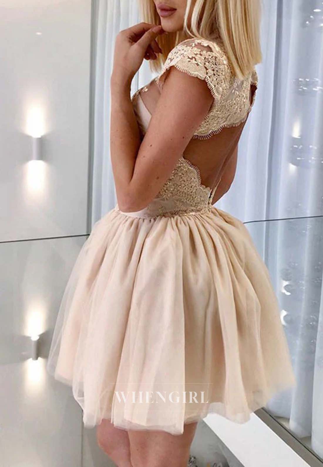 Light Champagne Illusion Neck Cap Sleeves Appliqued Lace Ball Gown Short Homecoming Dress