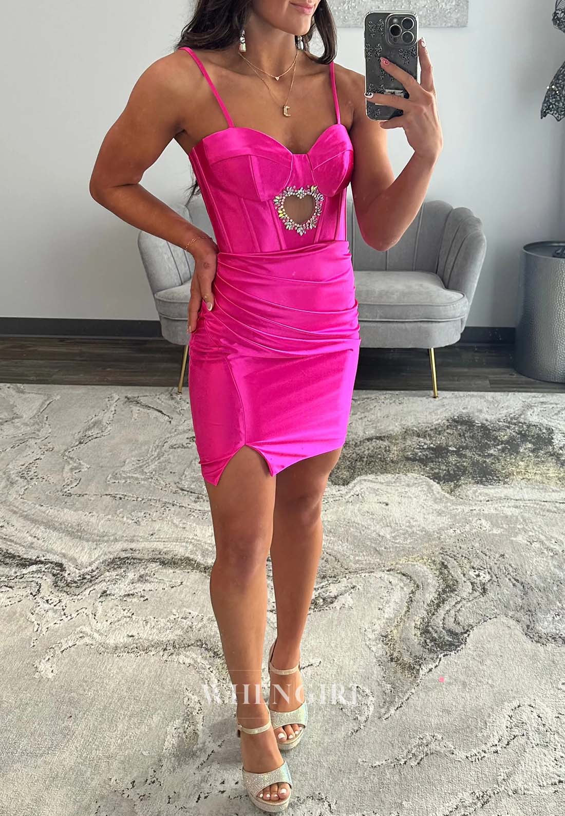 Fuchsia Cut Out Sleeveless Sheath Short Satin Homecoming Dress with Beads and Side Slit