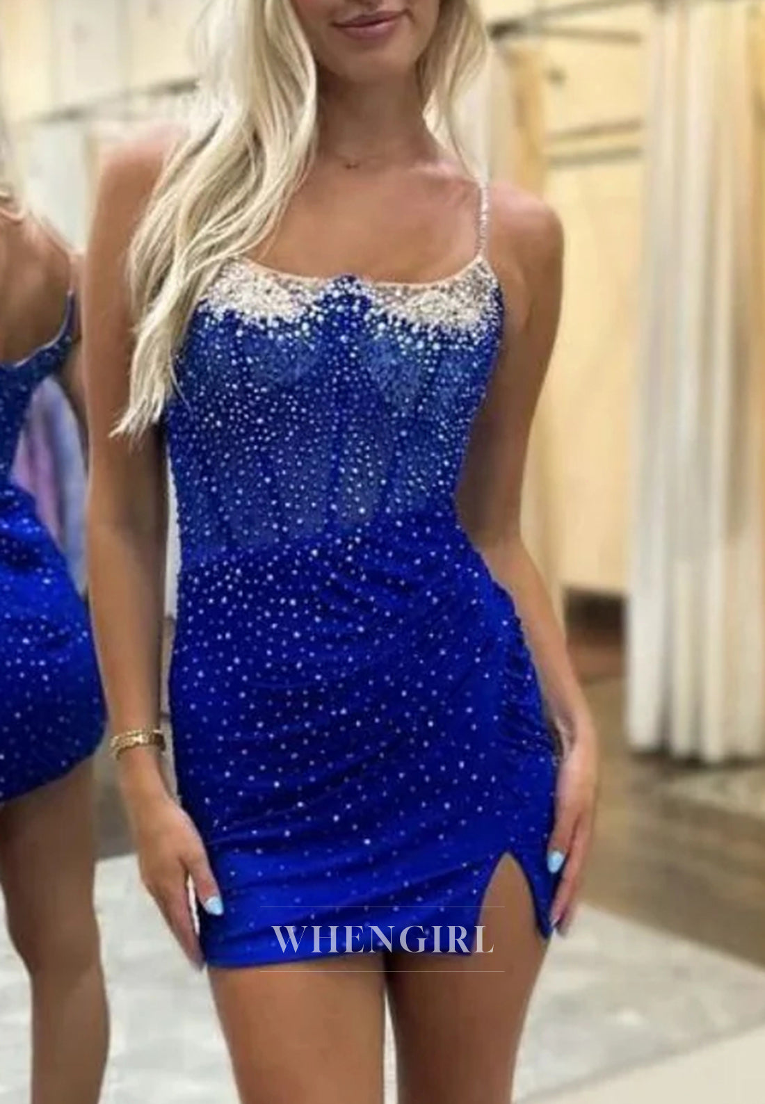 Sheath Spaghetti Straps Sleeveless Crystal Beaded Side Slit Back Zipper Short Homecoming Dress