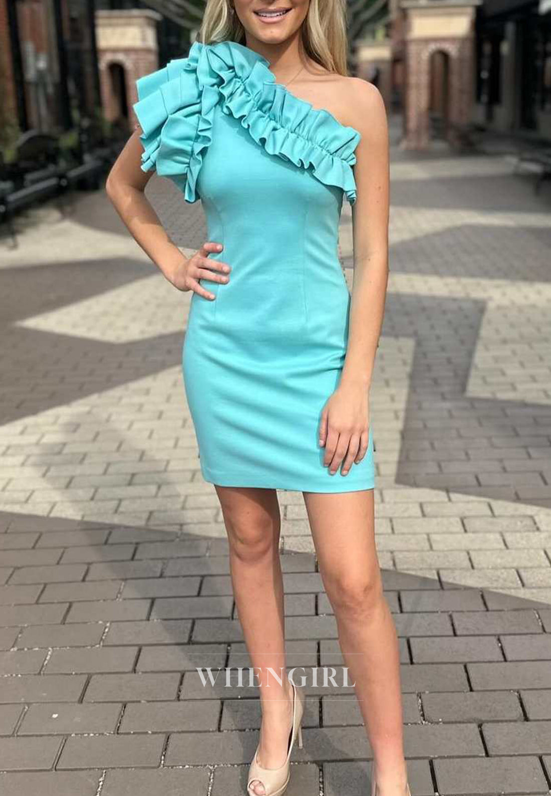 Spa Ruched One Shoulder Sleeveless Sheath Short Homecoming Dress