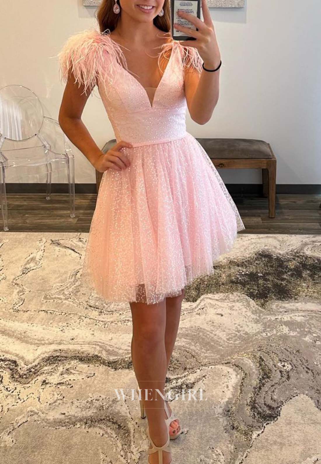Blush V Neck Feather Sleeveless A-Line Short Beads Homecoming Dress