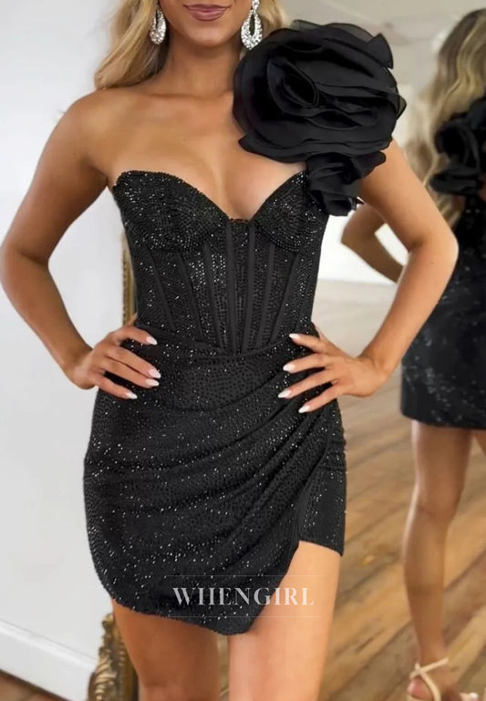 Black Beaded Sweetheart Sleeveless One Shoulder Pleated Back Zipper Sheath Short Homecoming Dress