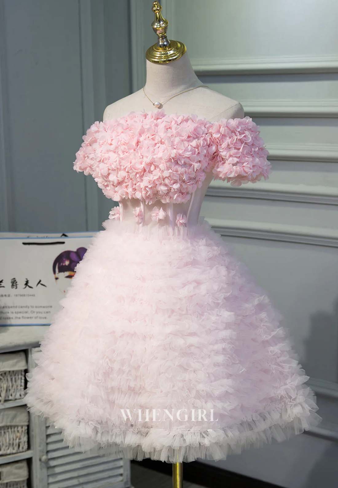 Light Pink Off Shoulder Floral A-Line Short Sleeves Lace Up Short Homecoming Dress
