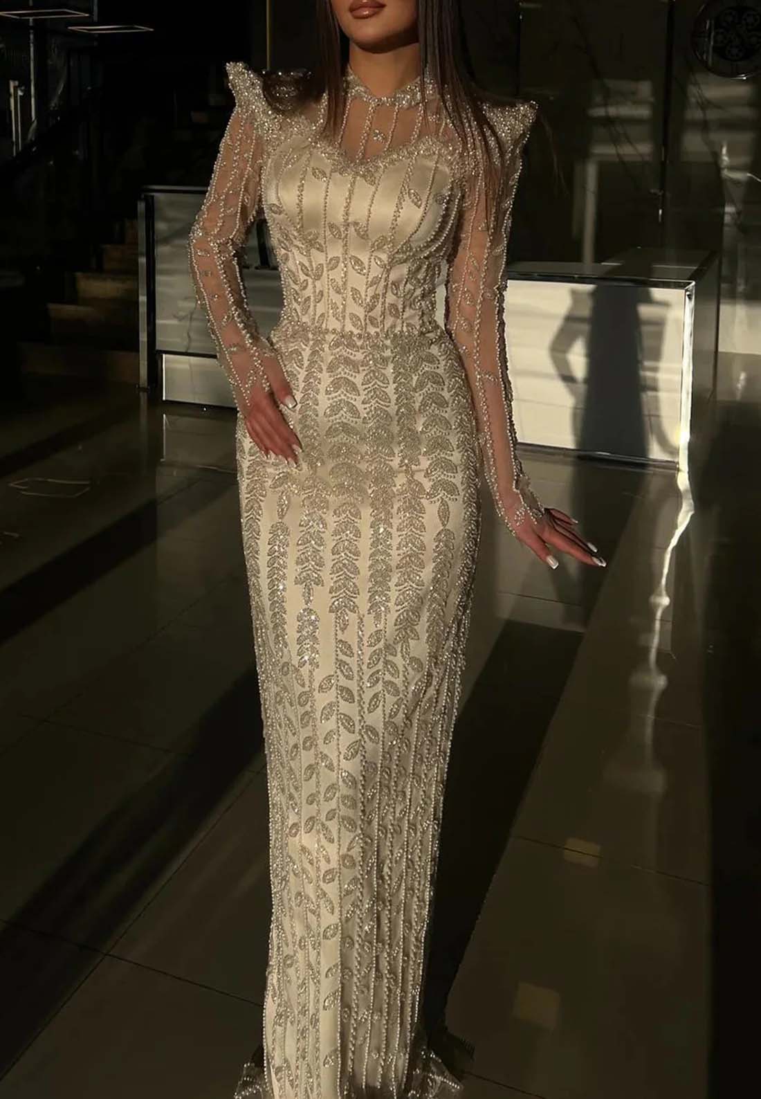 High Neck Long Sleeves Beaded Sheath Floor Length Formal Dress Evening Gown